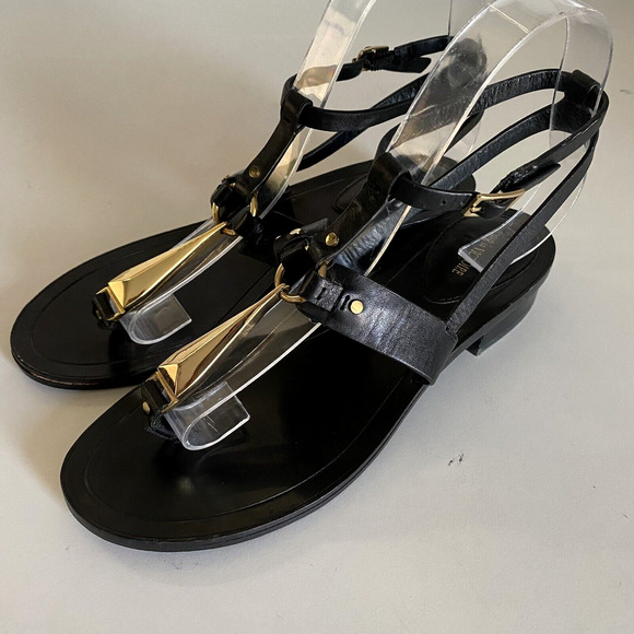 Pour La Victoire Acadia Sandal Black Leather Gold Thong Toe Ankle Strap … - Picture 4 of 6